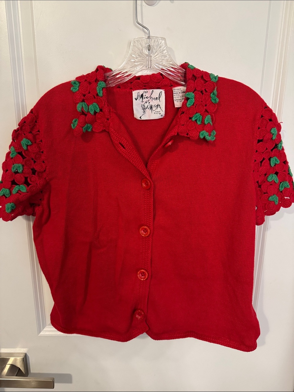 Michael Simon Red Crew Neck Sweater with Green Crochet Accents